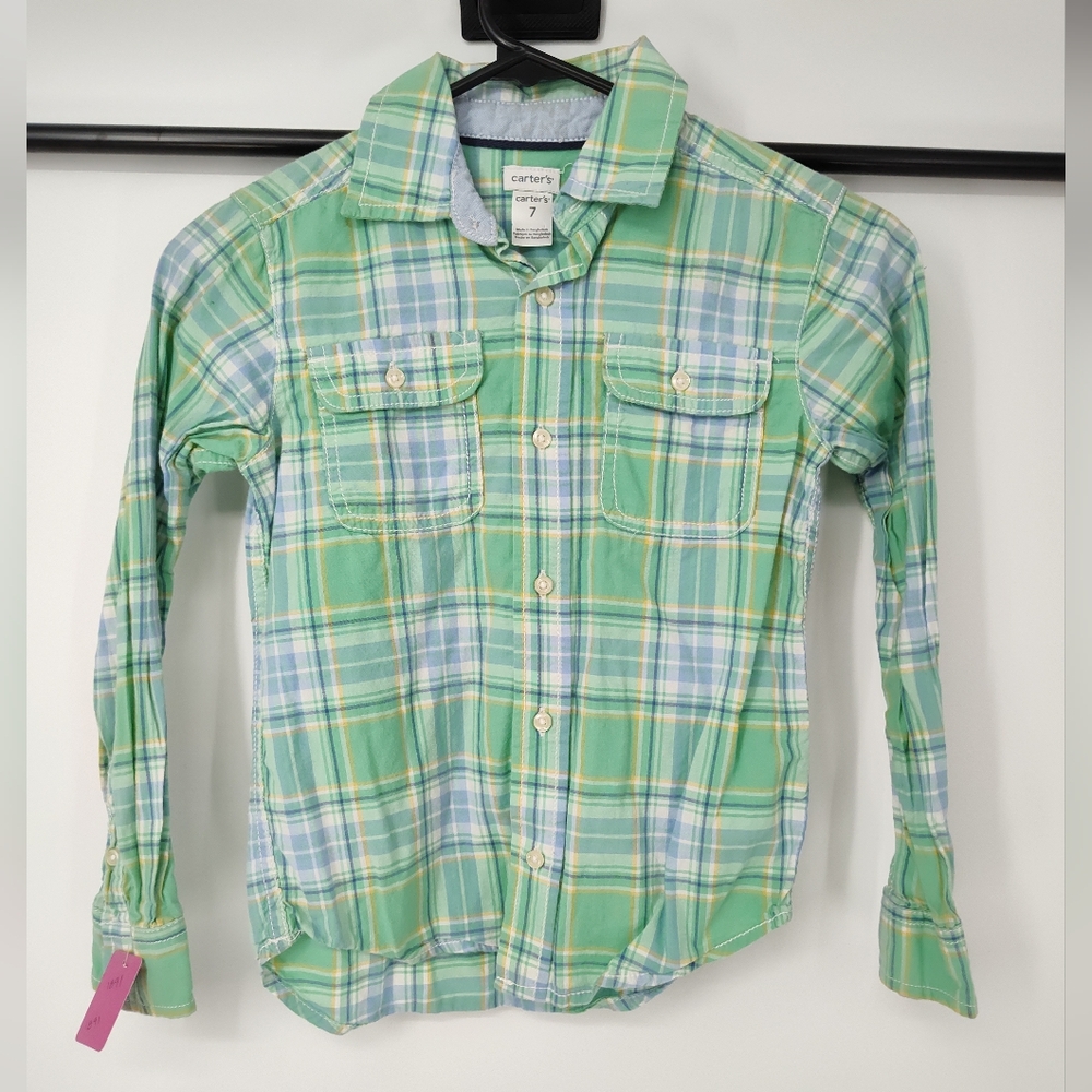 Carter's Kids Mint Green Plaid Button-Front Shirt Size 7